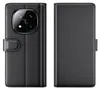 A black leather flip case for a smartphone is shown from the front and back. Produktbild-Vorschau