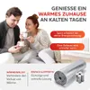 A couple enjoying a warm drink indoors, with marketing text and product images. Produktbild-Vorschau