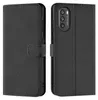 A black leather flip case for a smartphone is shown from the front and back. Podgląd zdjęcia produktu
