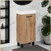A bathroom vanity with a sink and cabinet is shown in a bathroom setting with marble-patterned walls and a large plant. Podgląd zdjęcia produktu