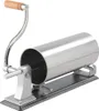A manual sausage stuffer made of stainless steel with a wooden handle and a base for table mounting. Podgląd zdjęcia produktu