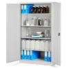 An open gray metal cabinet filled with laboratory supplies and storage items. Produktbild-Vorschau