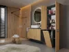 A modern bathroom with a wooden accent wall, a sink vanity, and a tall storage cabinet with a laundry basket. Produktbild-Vorschau