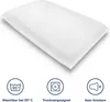 A white pillow is shown on a white background with three icons below it indicating product features. Voir les images du produit
