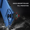 A blue phone case is shown with graphics illustrating shock absorption and fall prevention. Produktbild-Vorschau