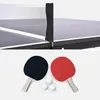 A split image showing the net of a table tennis table in the top half and two table tennis paddles and three balls in the bottom half. Produktbild-Vorschau