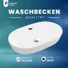 A white ceramic sink is shown against a blue and teal gradient background, with text overlays indicating product details. Produktbild-Vorschau