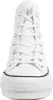 A front view of a white high-top sneaker. Voir les images du produit