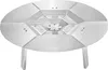 A silver, oval-shaped heat diffuser for a fire pit, with a geometric pattern in the center and three legs. Produktbild-Vorschau
