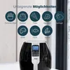 A black air fryer with a digital display is shown, with several circular icons above it illustrating different food items that can be cooked. Produktbild-Vorschau