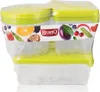 A set of Branq food storage containers with a colorful band featuring images of fruits and vegetables. Náhled obrázku produktu