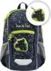 A navy blue backpack with a green and black pattern, featuring a small inset image of a black panther charm. Produktbild-Vorschau