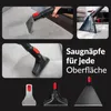 Collage of images showing different cleaning attachments for upholstery and carpets, with German text describing their versatility. Náhled obrázku produktu