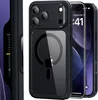 A black iPhone case with a clear back showing a magnetic ring and an Apple logo, placed next to two iPhones. Produktbild-Vorschau