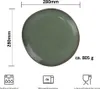 A top-down view of a green plate with dimensions and weight indicated, along with icons for dishwasher and microwave safety, and food contact safety. Produktbild-Vorschau