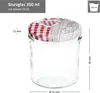 A clear product shot of a glass jar with a decorative lid, showing dimensions. Produktbild-Vorschau