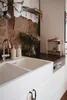 A kitchen sink area with a stone wall background and a small shelf unit on the counter. Anteprima dell’immagine prodotto