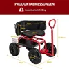 A red garden cart with a black seat and wheels, with dimensions and weight capacity indicated by text and lines. Podgląd zdjęcia produktu