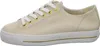 A side view of a beige leather sneaker with white laces and gold eyelets. Produktbild-Vorschau