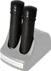 Two black battery packs are in a gray charging dock. Produktbild-Vorschau