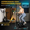 A woman is using an exercise bike in a home gym setting, with product dimensions and weight capacity highlighted. Produktbild-Vorschau