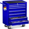 A blue rolling tool chest with multiple drawers, some of which are open to reveal tools. A tag with the German flag and text is attached to the handle. Produktbild-Vorschau