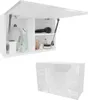 A white bathroom cabinet with its door open, showing various items inside. Produktbild-Vorschau