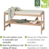 A wooden shoe bench with a cushioned seat and two shelves, featuring a folded towel on top and folded towels and shoes on the lower shelf. There are also FSC and eco-friendly logos and descriptive text in English and German. Náhled obrázku produktu