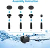 Assembly instructions for a solar fountain pump with various nozzle attachments, shown above a body of water. Produktbild-Vorschau