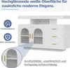 A white sideboard with gold handles, featuring glass doors and drawers, with marketing text and icons. Anteprima dell’immagine prodotto