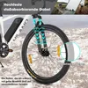 Close-up of an electric bicycle's front wheel and fork, with text overlays highlighting features. Produktbild-Vorschau