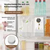 A product placed inside a refrigerator, surrounded by food and drinks, with marketing text and icons overlaid. Produktbild-Vorschau