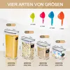 A marketing image showing different sizes of food storage containers with measuring cups and size labels. Produktbild-Vorschau