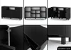 A collage of images showing a black matte sideboard from different angles, including close-ups of its interior and construction. Produktbild-Vorschau