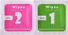 Two square packets, one pink and one green, labeled with numbers and instructions for cleaning a screen. Produktbild-Vorschau