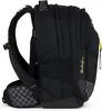 Side view of a black backpack with checkered accents and yellow zipper pulls. Podgląd zdjęcia produktu