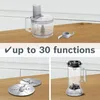 A collage of images showing a food processor, its accessories, and a blender attachment, with text highlighting its features. Produktbild-Vorschau