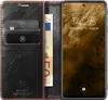 A flip-style phone case with card slots and a phone displaying the lock screen. Produktbild-Vorschau