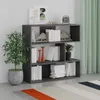 A modern, dark gray bookshelf filled with books and decorative items, placed in a room with a light gray wall and a colorful striped rug in the foreground. Anteprima dell’immagine prodotto