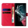 A red flip phone case with floral embossing is shown open, revealing card slots and a 50 Euro banknote. A smartphone is inserted into the case. Produktbild-Vorschau