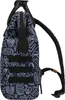 A side view of a navy blue backpack with a white abstract pattern. Produktbild-Vorschau