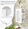 A white bathroom cabinet with a frosted glass door is shown on a floral wallpaper background. Text overlays and inset images provide product information. Produktbild-Vorschau