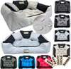 A collage of dog beds in various colors and styles, along with close-ups of the fabric and personalized name tags. Voir les images du produit