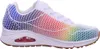 A side view of a white sneaker with a rainbow-colored mesh overlay. Voir les images du produit