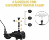 Diagram showing a water pump with various nozzles and how they attach, along with an illustration of a fountain. Produktbild-Vorschau