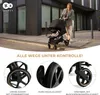 A woman pushing a stroller on a sidewalk, with close-up shots of the stroller's wheels and features. Podgląd zdjęcia produktu