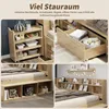 Collage of images showing different storage solutions and details of a wooden bed frame. Voir les images du produit