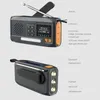 Two views of a multi-functional emergency radio with labels pointing out its features. Produktbild-Vorschau