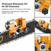 A collage of images showing a chainsaw sharpener kit attached to a chainsaw, with close-up views of the tool's components and text describing its features. Produktbild-Vorschau