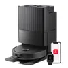 A black robot vacuum cleaner with its charging dock and two mobile devices (smartphone and smartwatch) are displayed against a white background. Produktbild-Vorschau